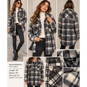 Plaid Sherpa Fleece Shacket Oversized Longline Cozy Cabin Jacket Gray L Outdoor